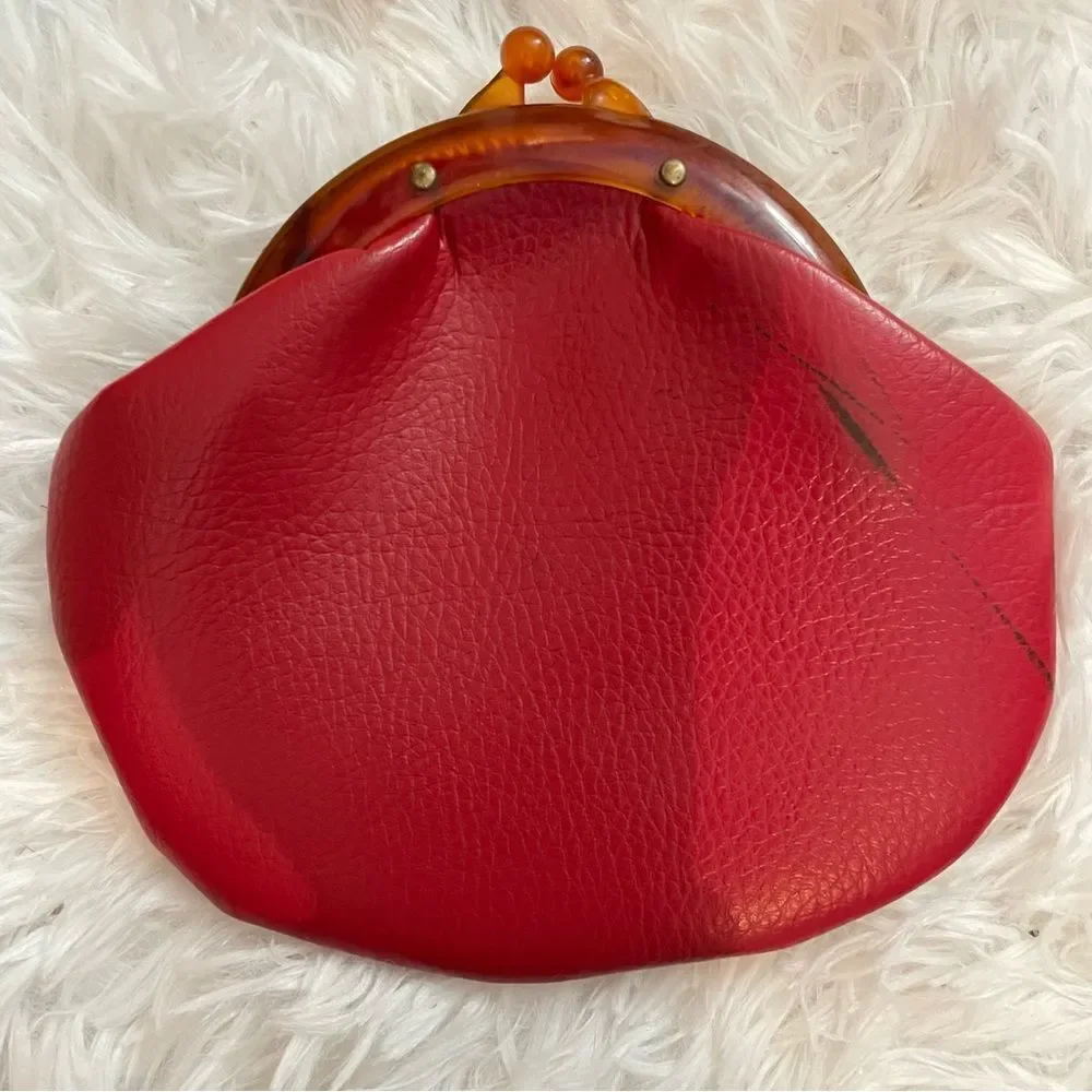 Vintage Crimson Leather and Amber Lucite Handle Kiss Lock Coin Purse